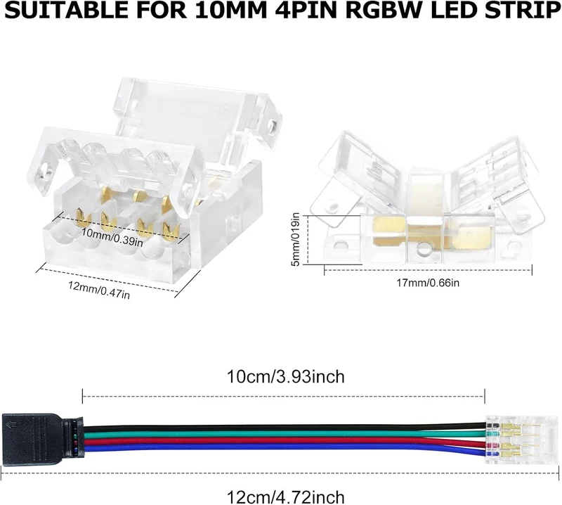 Transparent Crystal LED Strip Connectors – 10mm 4Pin Solderless Clips | Strip to Wire / Strip to Strip / Female Plug – Local Stock US/UK