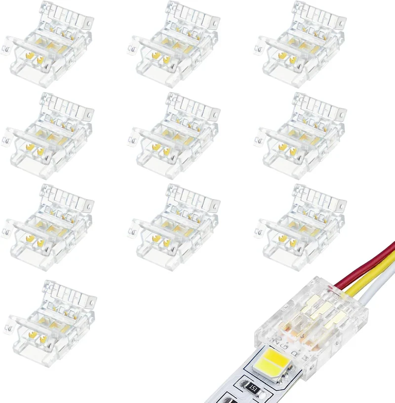 Transparent Crystal LED Strip Connectors – 10mm 3Pin Solderless Clips | Strip to Wire / Strip to Strip / DC Adapter – Bulk Wholesale 500pcs MOQ | Factory Direct