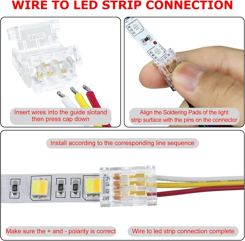 Transparent Crystal LED Strip Connectors – 10mm 3Pin Solderless Clips | Strip to Wire / Strip to Strip / DC Adapter – Bulk Wholesale 500pcs MOQ | Factory Direct