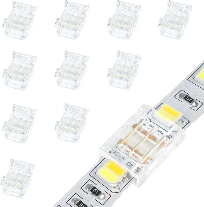 Transparent Crystal LED Strip Connectors – 10mm 3Pin Solderless Clips | Strip to Wire / Strip to Strip / DC Adapter – Bulk Wholesale 500pcs MOQ | Factory Direct