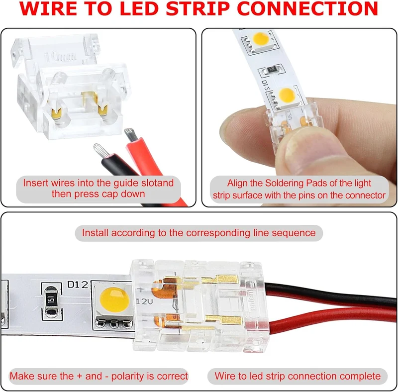 Transparent Crystal LED Strip Connectors – 10mm 2Pin Solderless Clips | Strip to Wire / Strip to Strip / DC Adapter – Bulk Wholesale 500pcs MOQ | Factory Direct