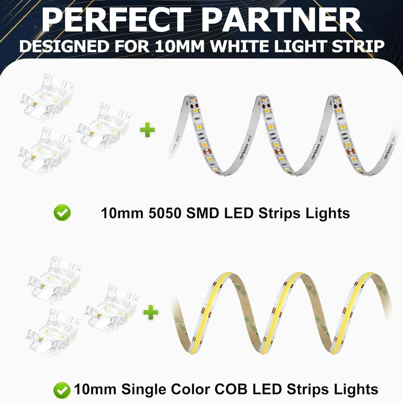 Transparent Crystal LED Strip Connectors – 10mm 2Pin Solderless Clips | Strip to Wire / Strip to Strip / DC Adapter – Bulk Wholesale 500pcs MOQ | Factory Direct