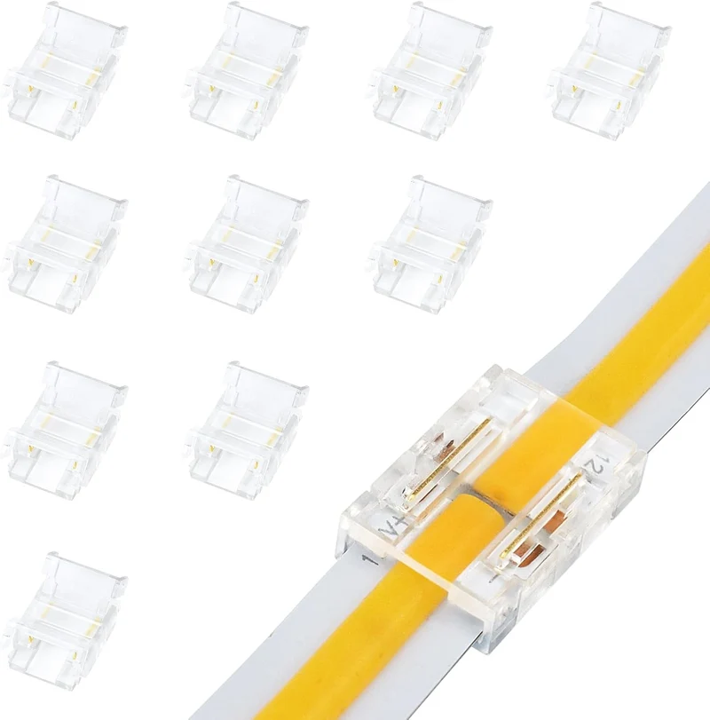Transparent Crystal LED Strip Connectors – 10mm 2Pin Solderless Clips | Strip to Wire / Strip to Strip / DC Adapter – Bulk Wholesale 500pcs MOQ | Factory Direct