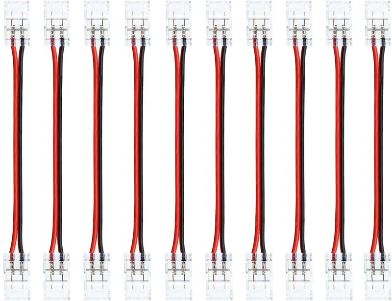 Transparent Crystal LED Strip Connectors – 10mm 2Pin Solderless Clips | Strip to Wire / Strip to Strip / DC Adapter – Bulk Wholesale 500pcs MOQ | Factory Direct