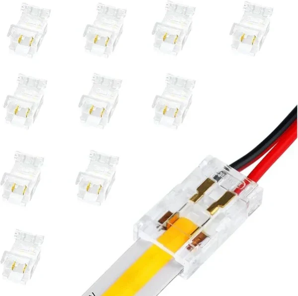 Transparent Crystal LED Strip Connectors – 8mm 2Pin Solderless Clips | Strip to Wire / Strip to Strip / DC Adapter / L – Bulk Wholesale 500pcs MOQ | Factory Direct