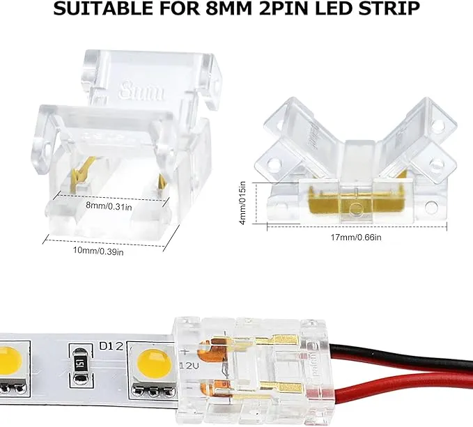 Transparent Crystal LED Strip Connectors – 8mm 2Pin Solderless Clips | Strip to Wire / Strip to Strip / DC Adapter / L – Bulk Wholesale 500pcs MOQ | Factory Direct