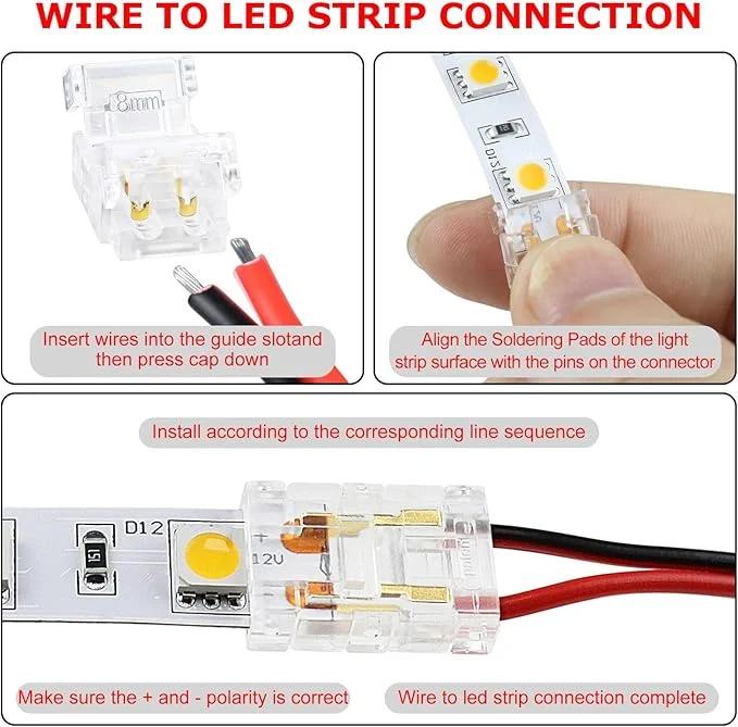 Transparent Crystal LED Strip Connectors – 8mm 2Pin Solderless Clips | Strip to Wire / Strip to Strip / DC Adapter / L – Bulk Wholesale 500pcs MOQ | Factory Direct