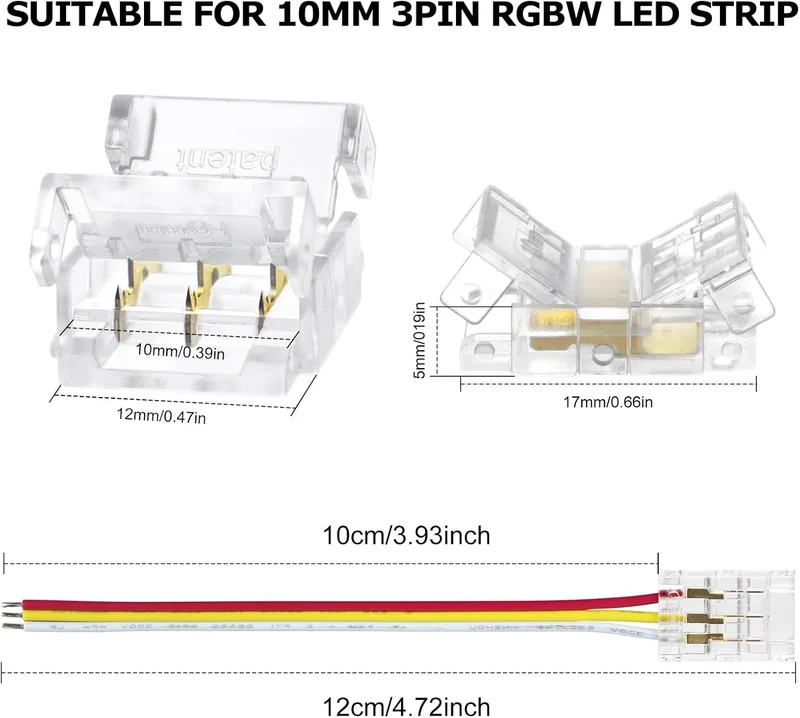 Transparent Crystal LED Strip Connectors – 10mm 3Pin Solderless Clips | Strip to Wire / Strip to Strip / DC Adapter – Local Stock US/UK