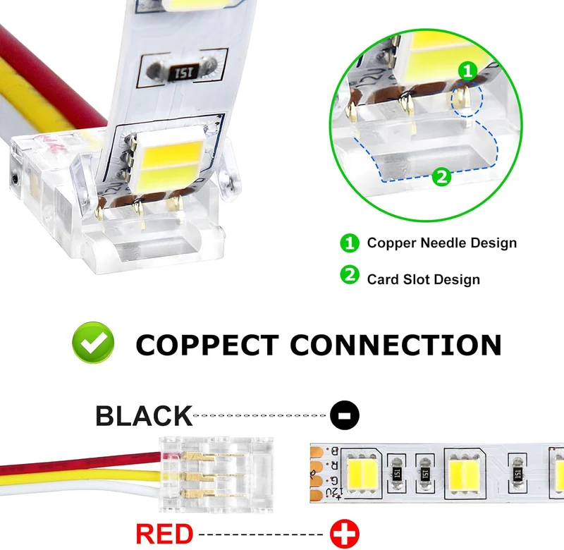 Transparent Crystal LED Strip Connectors – 10mm 3Pin Solderless Clips | Strip to Wire / Strip to Strip / DC Adapter – Local Stock US/UK