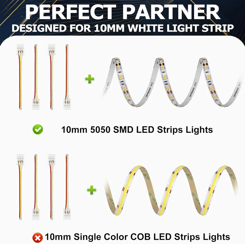Transparent Crystal LED Strip Connectors – 10mm 3Pin Solderless Clips | Strip to Wire / Strip to Strip / DC Adapter – Local Stock US/UK