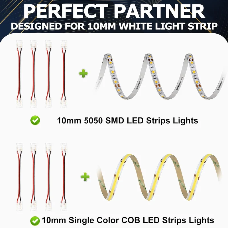 Transparent Crystal LED Strip Connectors – 10mm 2Pin Solderless Clips | Strip to Wire / Strip to Strip / DC Adapter – Local Stock US/UK