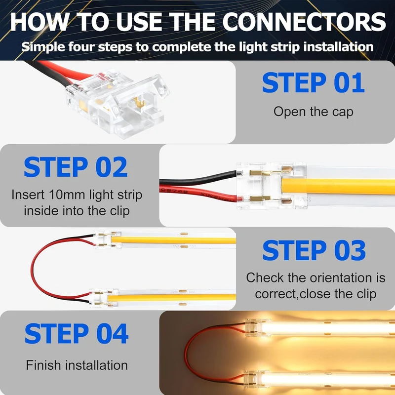 Transparent Crystal LED Strip Connectors – 10mm 2Pin Solderless Clips | Strip to Wire / Strip to Strip / DC Adapter – Local Stock US/UK