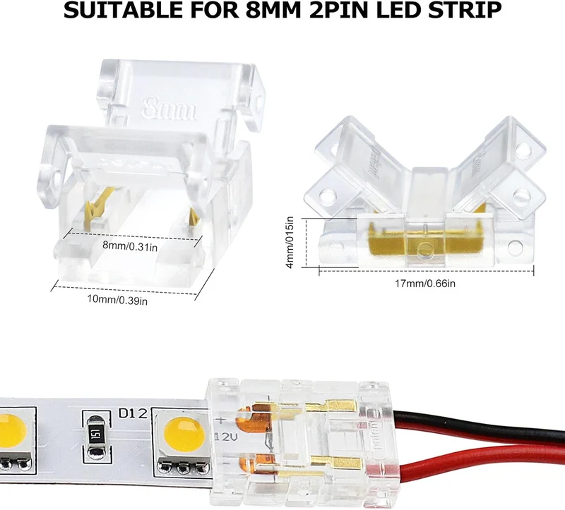 Transparent Crystal LED Strip Connectors – 8mm 2Pin Solderless Clips | Strip to Wire / Strip to Strip / DC Adapter / L – Local Stock US/UK