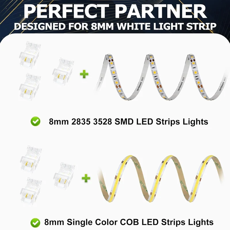 Transparent Crystal LED Strip Connectors – 8mm 2Pin Solderless Clips | Strip to Wire / Strip to Strip / DC Adapter / L – Local Stock US/UK