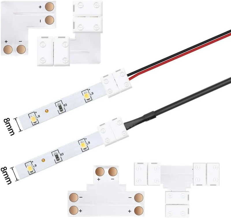 LED Strip Connectors – 8mm 2Pin Solderless Clips | Strip to Wire / Strip to Strip / DC Adapter / L – Local Stock US/UK