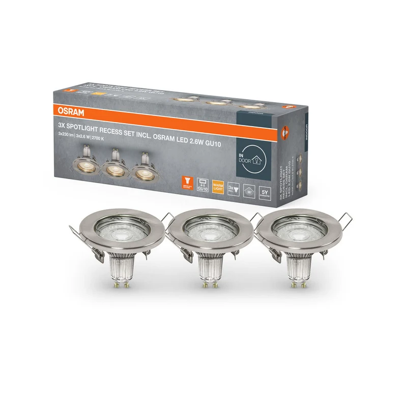 OSRAM LED SPOT ENCASTRÉ GU10 3x2,6W GU10 Nickel brossé, 230 lm, 2700 K, Blanc chaud, Pack de 3
