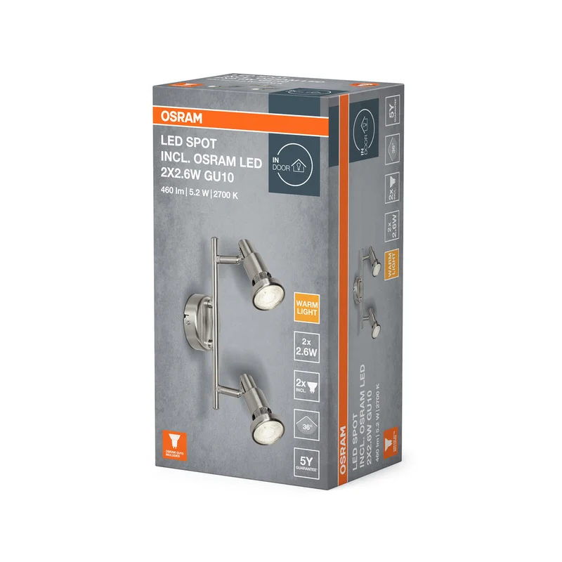 OSRAM LED SPOT ARGENT BROSSÉ GU10 2 x 2.6W, 460 lm, 2700 K, Blanc chaud