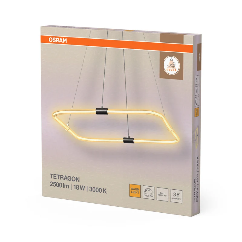 OSRAM DECOR Tetragon Suspension, 18W, 3000K, 2000lm, Blanc chaud, Click DIM