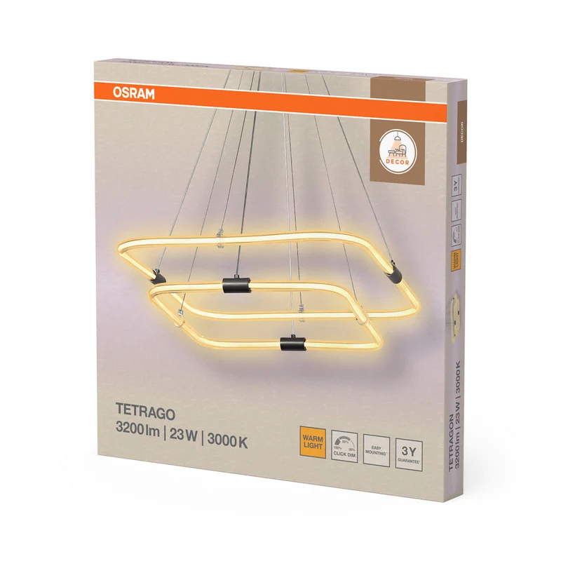 OSRAM DECOR Tetragon Suspension, 23W, 3000K, 2500lm, Blanc chaud, Click DIM