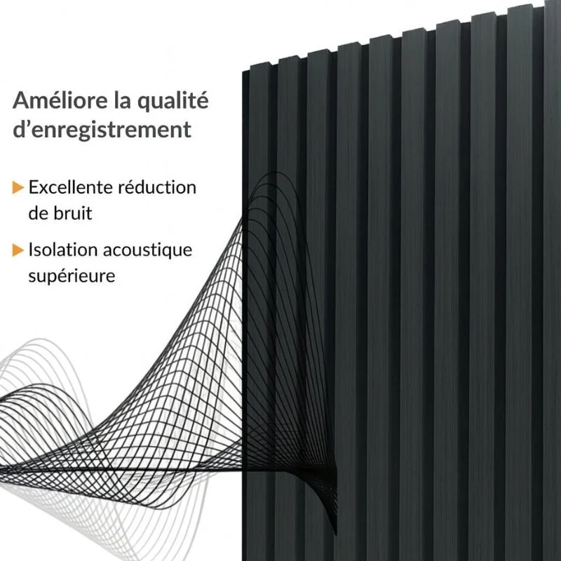 Lot de 2 Panneaux Acoustiques Muraux Bois 240x60x2,2cm - Couleur Noir avec Fond Noir