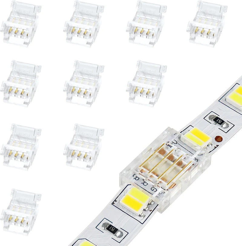Transparent Crystal LED Strip Connectors – 10mm 4Pin Solderless Clips | Strip to Wire / Strip to Strip / Female Plug – Bulk Wholesale 500pcs MOQ | Factory Direct