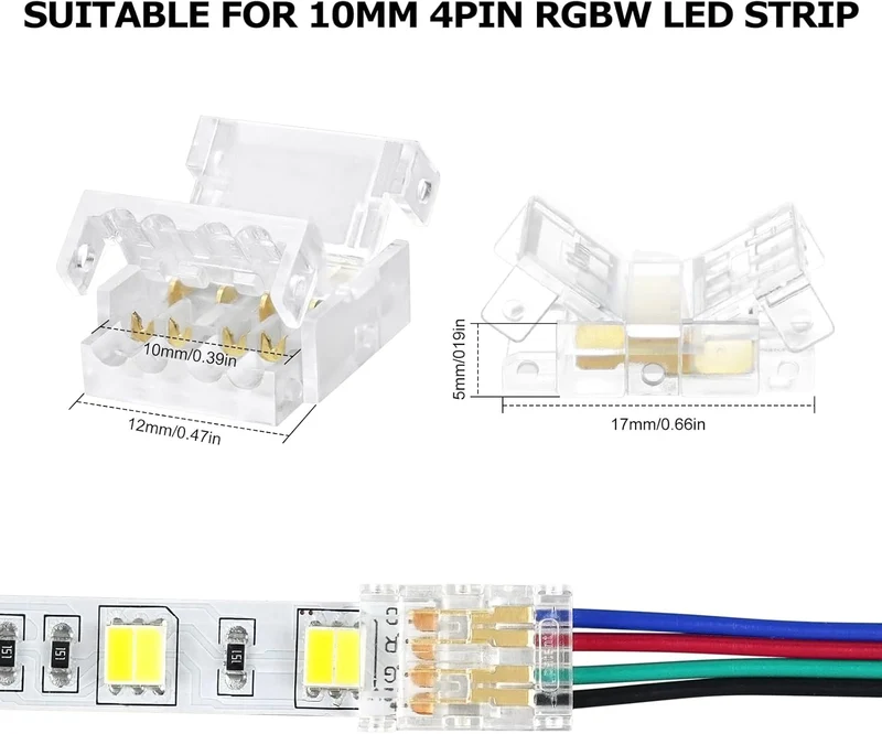 Transparent Crystal LED Strip Connectors – 10mm 4Pin Solderless Clips | Strip to Wire / Strip to Strip / Female Plug – Bulk Wholesale 500pcs MOQ | Factory Direct