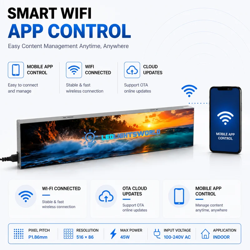 FL Series Frameless LED Shop Display – P1.86 · 160×640mm | Compact Ultra-Thin GOB Screen for Window & Wall Mounting