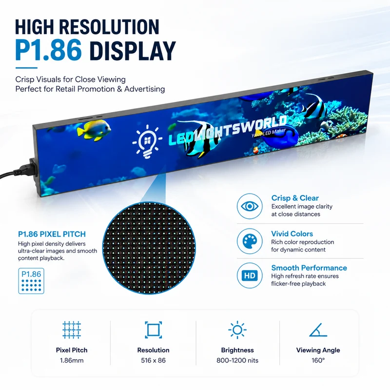 FL Series FramelessLED Shop Display – P1.86 · 160×960mm | Ultra-Thin GOB Screen for Store Windows & Retail Interiors