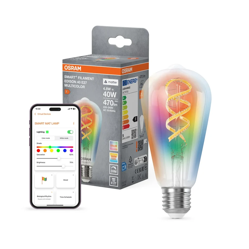 OSRAM Matter SMART+ LED Lampe CLASSIC A, RGB, verre filament, 4,8W, 470lm, E27