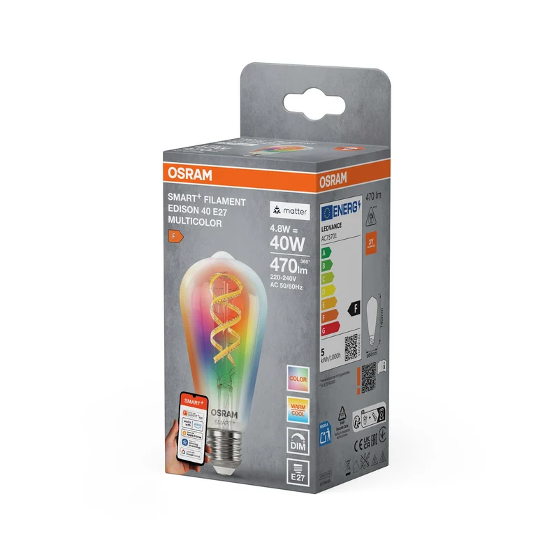 OSRAM Matter SMART+ LED Lampe CLASSIC A, RGB, verre filament, 4,8W, 470lm, E27