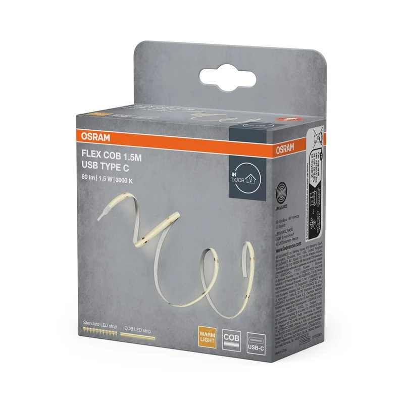 OSRAM BANDELETTES USB COB Type C bande lumineuse LED, 1.5m, 80lm, 1.5W, 3000K