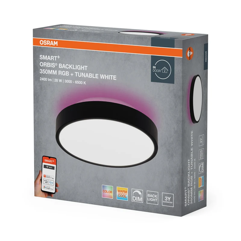 OSRAM Wifi SMART+ ORBIS BACKLIGHT LED Plafonnier RGBW multicolore 35cm Blanc réglable 28W / 3000-6500K noir