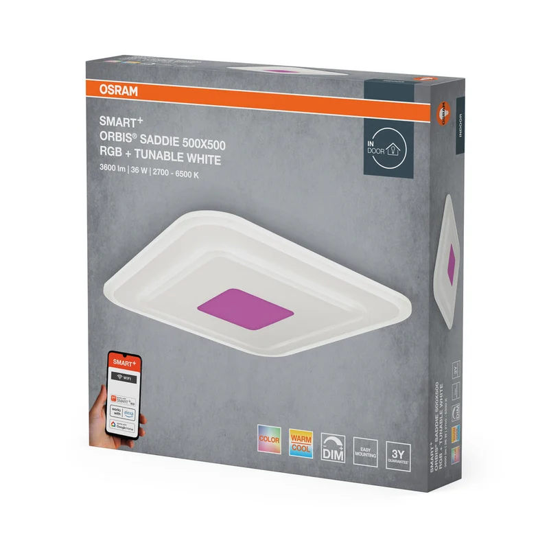 OSRAM Wifi SMART+ ORBIS SADDIE LED RGBW multicolore Plafonnier 50x50cm Blanc réglable 36W / 2700-6500K