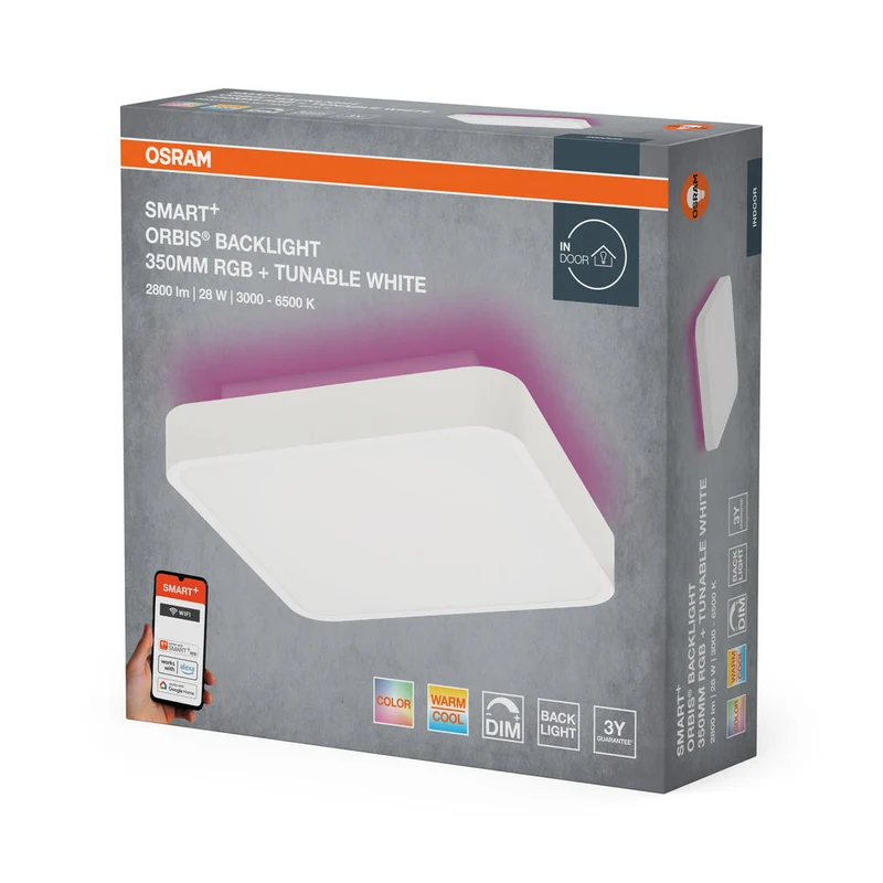 OSRAM Wifi SMART+ ORBIS ÉCLAIRAGE ARRIÈRE LED Plafonnier RGBW multicolore 35x35cm Blanc réglable 28W / 3000-6500K blanc