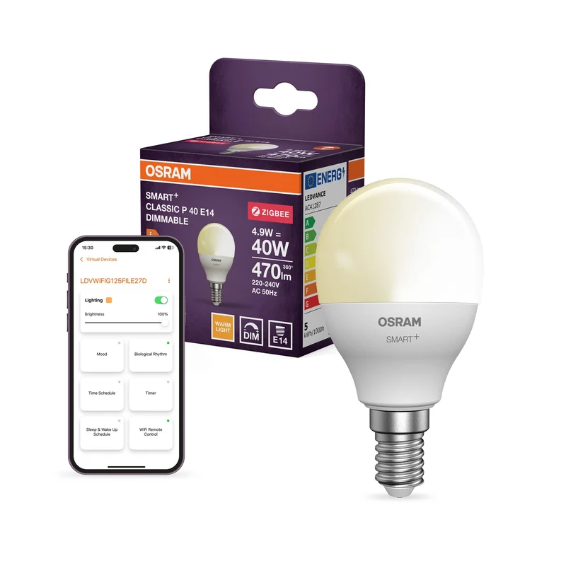 OSRAM Ampoule LED intelligente avec technologie ZigBee, culot E14, dimmable, blanc chaud (2700 K), remplace les ampoules à incandescence de 40 W, ampoule SMART+ Mini dimmable, pack de 1
