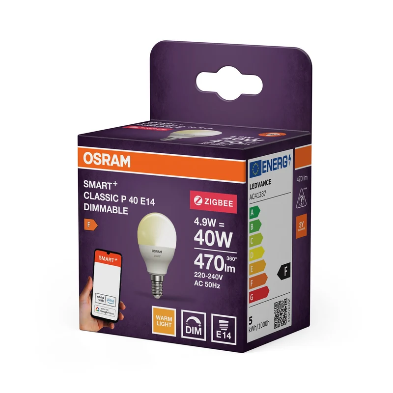 OSRAM Ampoule LED intelligente avec technologie ZigBee, culot E14, dimmable, blanc chaud (2700 K), remplace les ampoules à incandescence de 40 W, ampoule SMART+ Mini dimmable, pack de 1