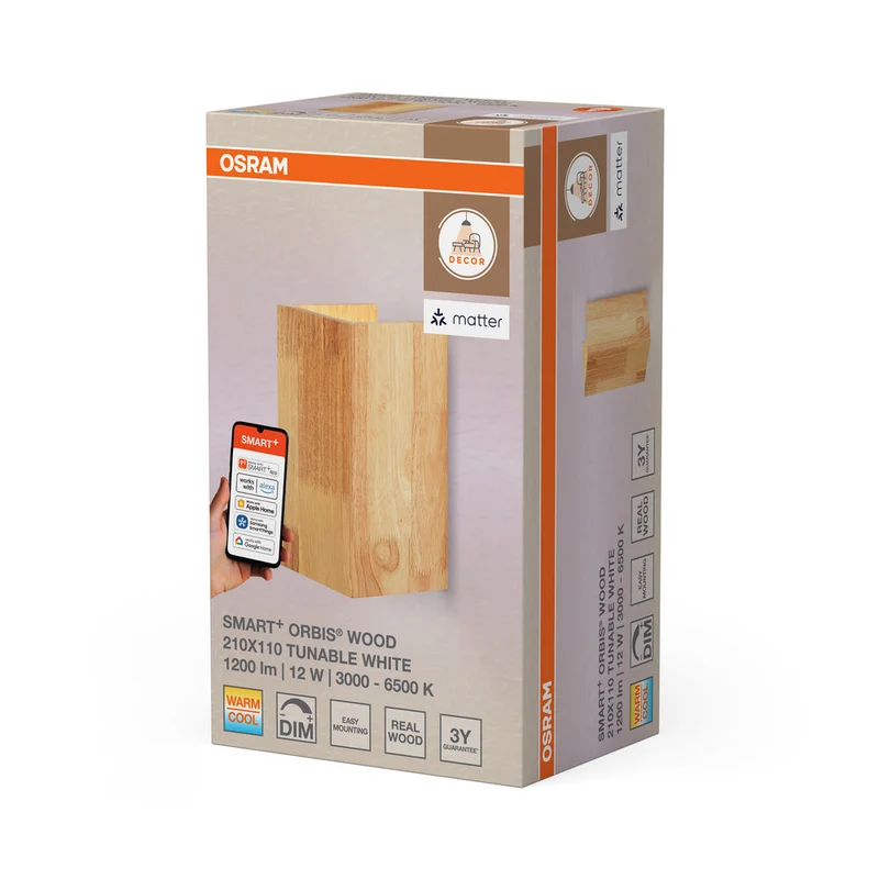OSRAM Matter SMART+ ORBIS WOOD Applique LED 21x11cm aspect bois Blanc réglable 12W / 3000-6500K