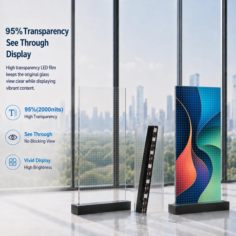 【Standard Modular Panel】HC Series P20 Ultra-Thin Adhesive Transparent LED Film – 400×1000 mm (15.75×39.37 in) | 2000nits | 95% Transparency Glass Display for Facades & Exhibition | Multiple Kit Options | Plug & Play