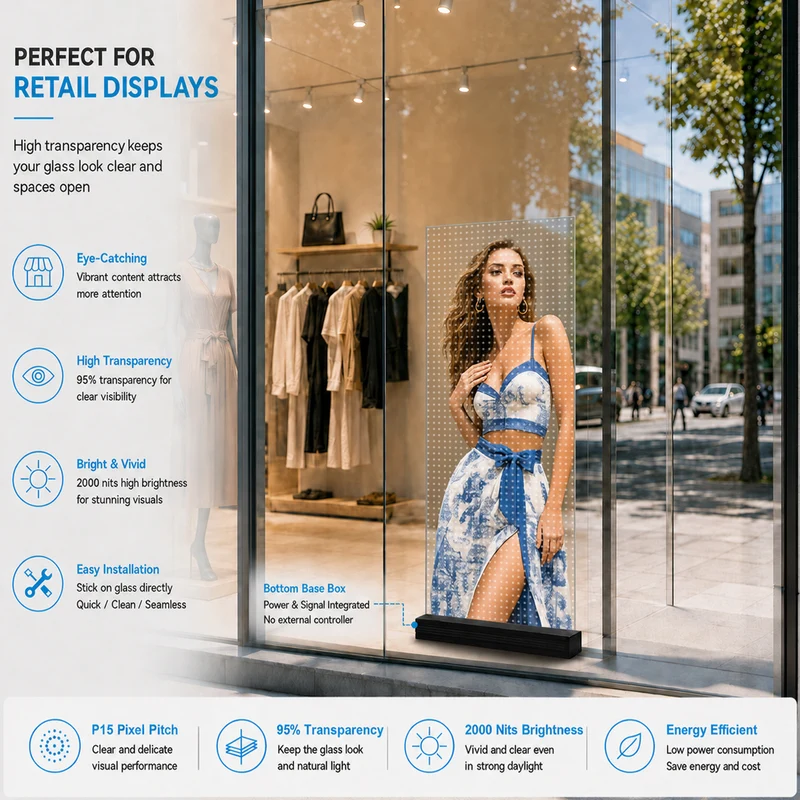 【Standard Modular Panel】HC Series P15 Transparent Adhesive LED Film – 390×990 mm (15.35×38.98 in) | 2000 nits | 94 % Transparency Glass Sticker Screen for Retail Facades & Shopfront Windows | Multiple Kit Options | Plug & Play