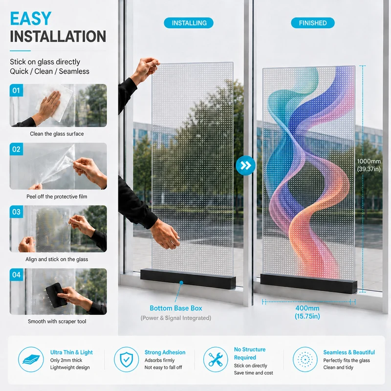 【Standard Modular Panel】HC Series P10 Large Panel Transparent Adhesive LED Film – 400×1000 mm (15.75×39.37 in) | 2000 / 4000nits | 94% / 89% Transparency Glass Sticker Display for Storefront Facades & Glass Walls | Multiple Kit Options | Plug & Play