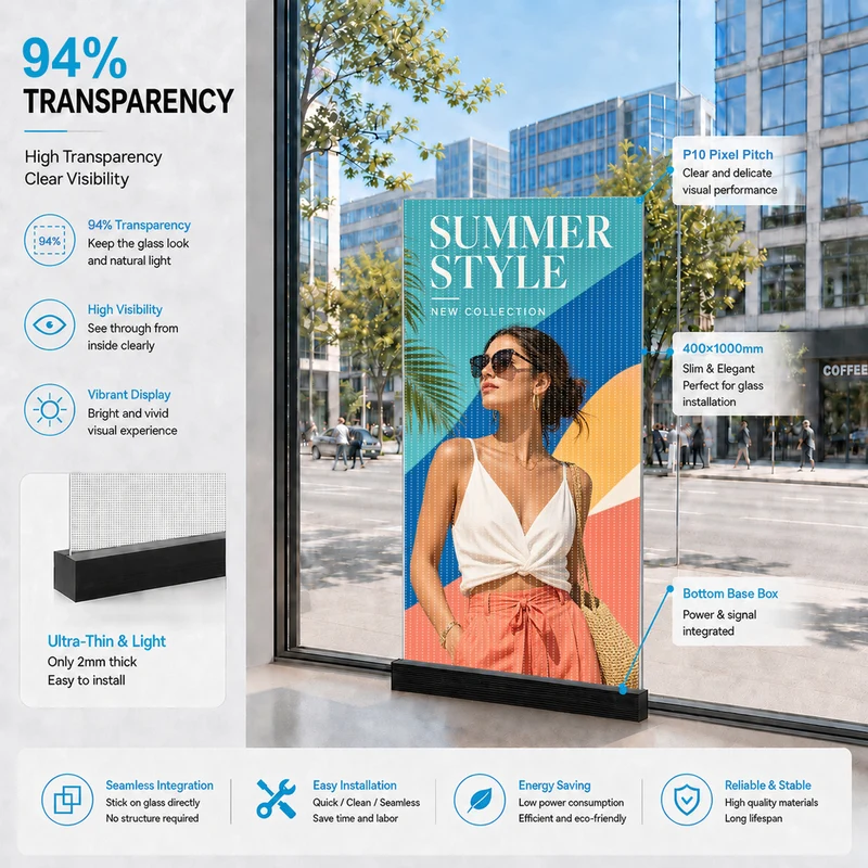 【Standard Modular Panel】HC Series P10 Large Panel Transparent Adhesive LED Film – 400×1000 mm (15.75×39.37 in) | 2000 / 4000nits | 94% / 89% Transparency Glass Sticker Display for Storefront Facades & Glass Walls | Multiple Kit Options | Plug & Play
