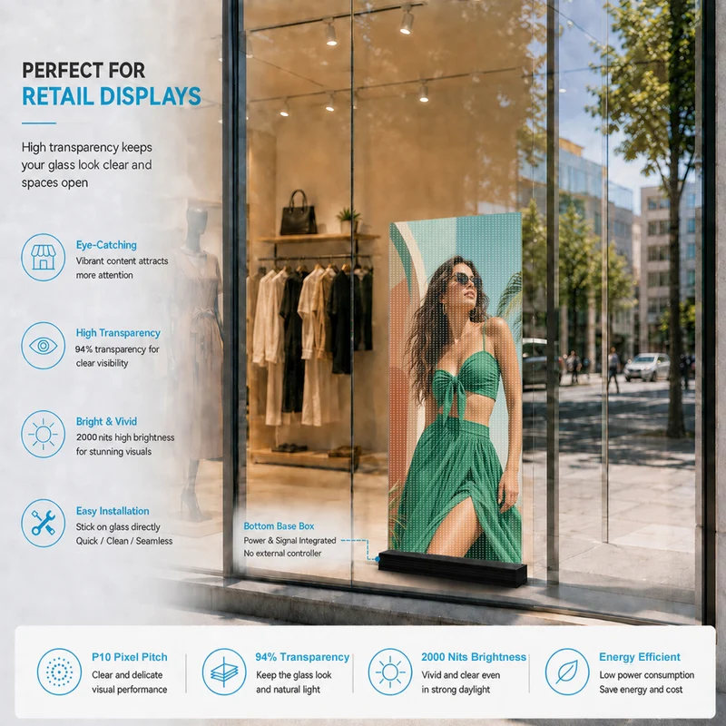【Standard Modular Panel】HC Series P10 Large Panel Transparent Adhesive LED Film – 400×1000 mm (15.75×39.37 in) | 2000 / 4000nits | 94% / 89% Transparency Glass Sticker Display for Storefront Facades & Glass Walls | Multiple Kit Options | Plug & Play