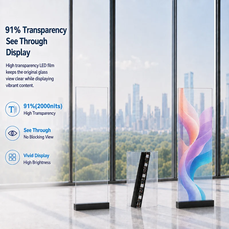 【Standard Modular Panel】HC Series P5 Slim Transparent Adhesive LED Film – 320×1000 mm (12.60×39.37 in) | 2000nits | 91% Transparency Glass Sticker Screen for Retail Facades & Shopping Mall Displays | Multiple Kit Options | Plug & Play