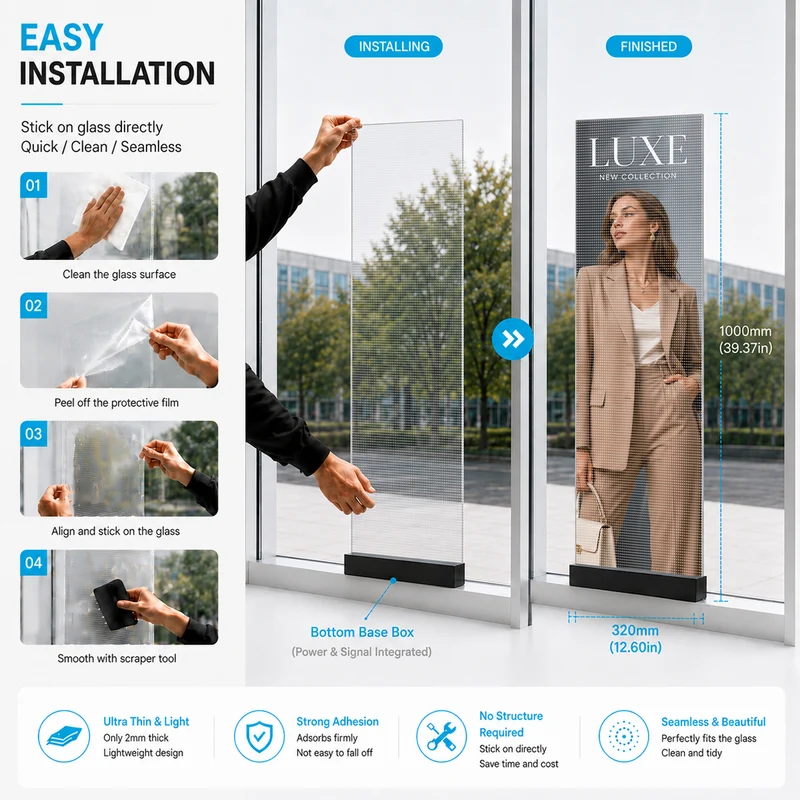 【Standard Modular Panel】HC Series P5 Slim Transparent Adhesive LED Film – 320×1000 mm (12.60×39.37 in) | 2000nits | 91% Transparency Glass Sticker Screen for Retail Facades & Shopping Mall Displays | Multiple Kit Options | Plug & Play