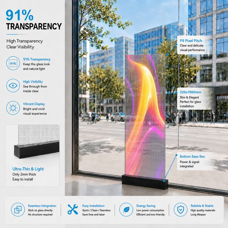 【Standard Modular Panel】HC Series P5 Slim Transparent Adhesive LED Film – 320×1000 mm (12.60×39.37 in) | 2000nits | 91% Transparency Glass Sticker Screen for Retail Facades & Shopping Mall Displays | Multiple Kit Options | Plug & Play
