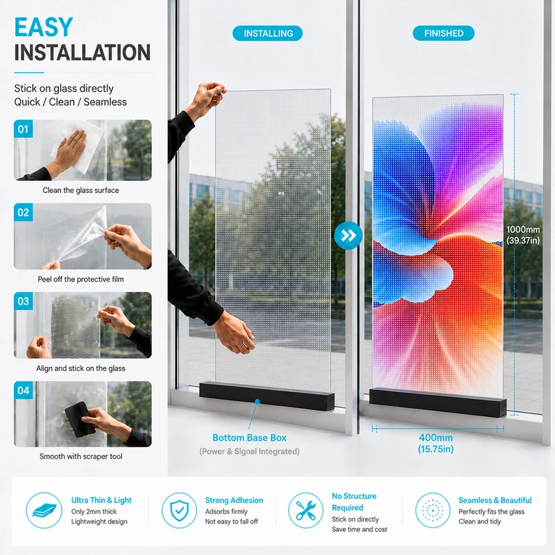 【Standard Modular Panel】HC Series P6.25 High Transparency Adhesive LED Film – 400×1000 mm (15.75×39.37 in) | 2000 / 4000nits | 92% / 85% Transparency Glass Sticker Display for Shopfronts & Interior Glass Walls | Multiple Kit Options | Plug & Play