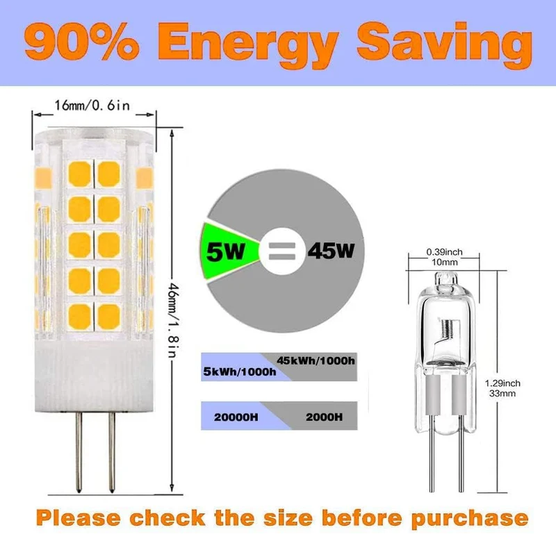 110V-130V /200-240V AC G4 Bi-Pin Base Spotlight Lighting Dimmable 5W Replace 45W G4 Halogen Lamp, for Under-Cabinet Lights, Ceiling Lights, Pack of 10