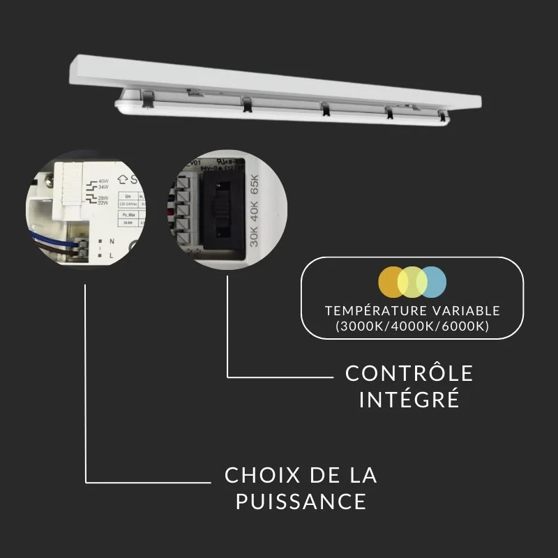 Réglette LED 120cm Étanche IP65 CCT - Puissance Ajustable 22/28/34/40W - 3000K/4000K/6500K
