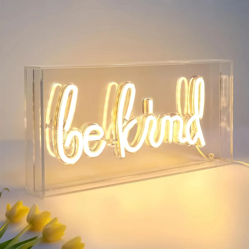 BE KIND Desk Lightbox Sign – Rectangular 11.8x5.9 inch | Warm White/ Pink | USB Powered | Tabletop Display | For Girls' Room, Bedroom, Pub, Hotel, Beach, Cock