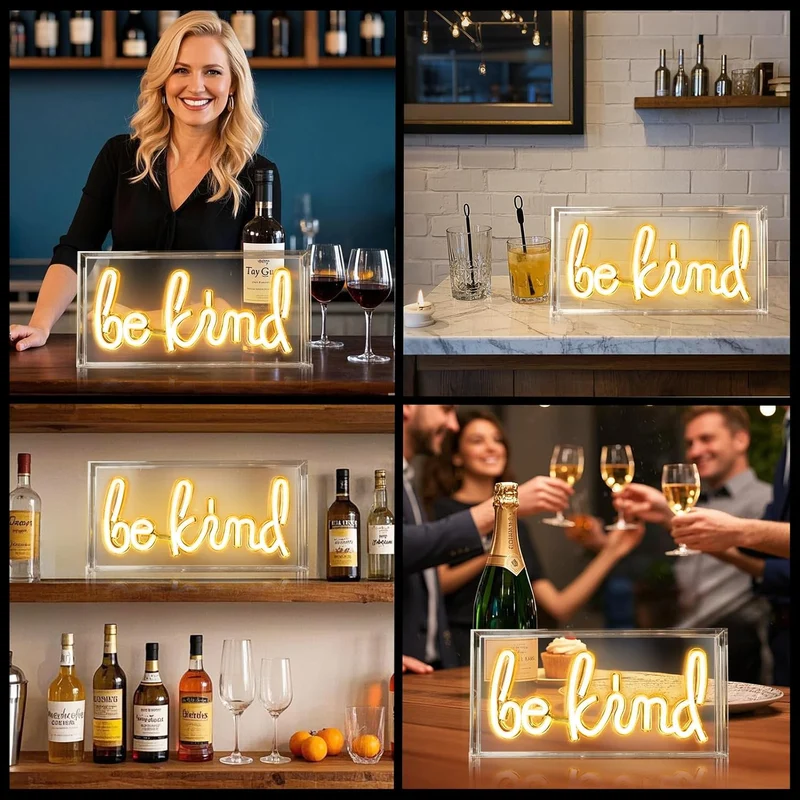BE KIND Desk Lightbox Sign – Rectangular 11.8x5.9 inch | Warm White/ Pink | USB Powered | Tabletop Display | For Girls' Room, Bedroom, Pub, Hotel, Beach, Cock
